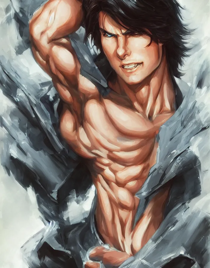 Image similar to anime portrait of tom cruise as a muscular anime boy by Stanley Artgerm Lau, WLOP, Rossdraws, James Jean, Andrei Riabovitchev, Marc Simonetti, and Sakimichan, trending on artstation