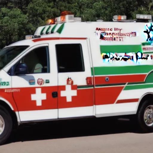 Prompt: anthropomorphic ambulance, high resolution photo