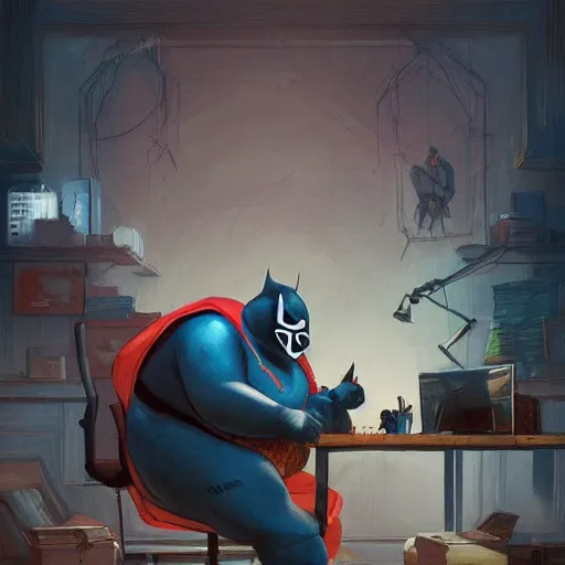 Image similar to a insanely detailed painting of a fat masked superhero wearing a costume sitting at a desk, staring at the nervously at the computer and clicking on the mouse, in the style of peter mohrbacher, dramatic lighting and composition, trending on artstation, concept art, comic book