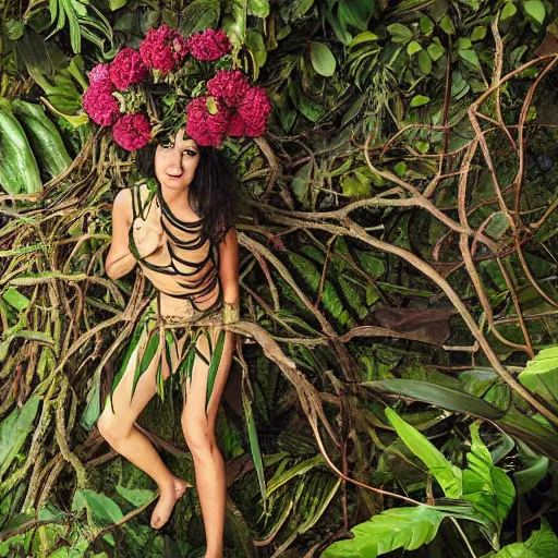 Prompt: jungle photograph of a creature with many vine limbs and a blooming flower head with teeth