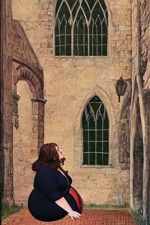 Prompt: plus - sized woman sitting on the stairs of a medieval building, summer, nature, natural light, forest setting, 1 9 6 0 s art, neo - renaissance, pop art, gothic, art nouveau, baroque art, mixed media, by tom wesselman, by mel ramos, by martial raysse, by antonello de messina