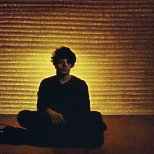 Image similar to a man sitting on the floor in front of a lamp, a surrealist painting by Syd Barrett, cg society, video art, movie still, reimagined by industrial light and magic, pre-raphaelite