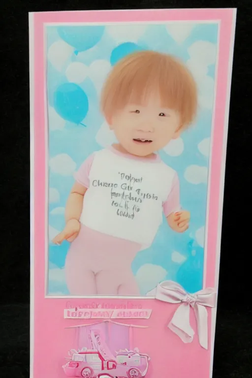 Image similar to a toddler's birthday card featuring Chris Chan, light pink, white, silver, Realistic background with pastel colors, no text