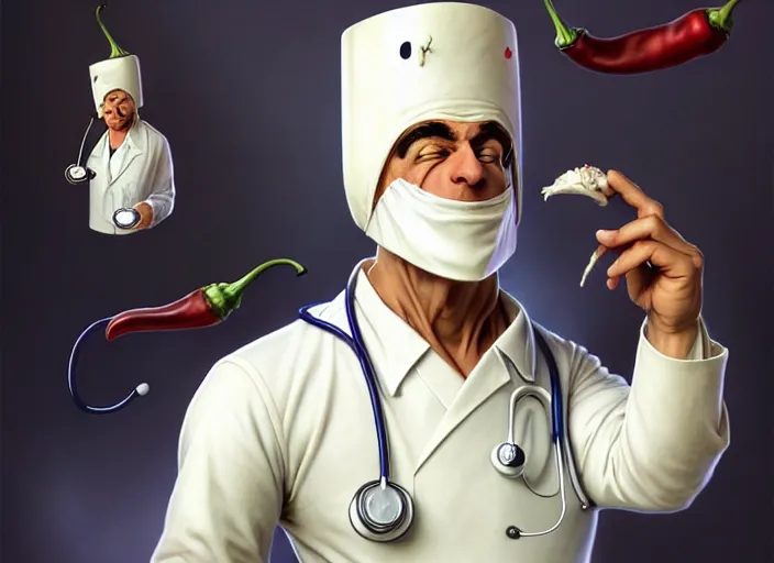 Image similar to anthropomorphic pepper wearing a white doctor's uniform, diffuse lighting, fantasy, hospital background, intricate, elegant, highly detailed, lifelike, photorealistic, digital painting, artstation, illustration, concept art, smooth, sharp focus, art by frank frazetta and marco bucci and loish and rossdraws and artgerm and alphonse mucha