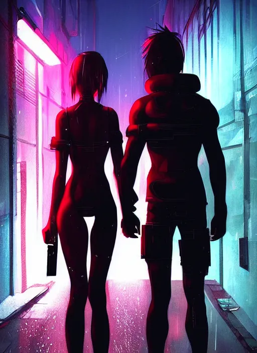 Prompt: cyberpunk warrior couple , raining, in an alley at night back lit, by webang111 and Maciej Kuciara and Ilya Kuvshinov, trending on artstation