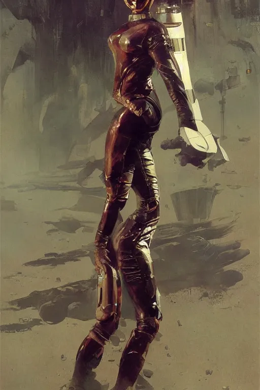 Image similar to pulp scifi fantasy illustration full body portrait of elegant warrior woman wearing latex spacesuit, by norman rockwell, jack kirby, bergey, craig mullins, ruan jia, jeremy mann, tom lovell, 5 0 s, astounding stories, fantasy