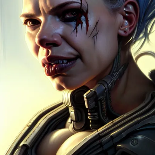 Image similar to portrait painting of a cyberpunk orc doctor extremely muscular ugly scarlett johansson with misshapen teeth, ultra realistic, concept art, intricate details, eerie, highly detailed, photorealistic, octane render, 8 k, unreal engine. art by artgerm and greg rutkowski and charlie bowater and magali villeneuve and alphonse mucha