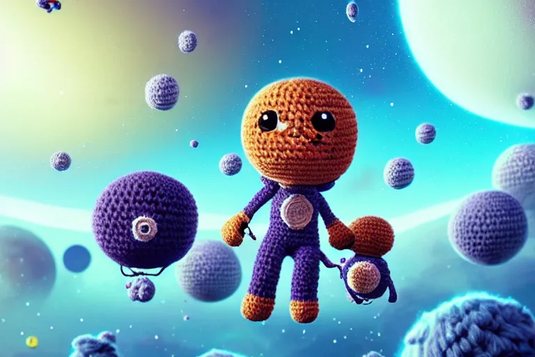 Image similar to an expedition of crochet astronauts discovering a new fluffy planet made out of yarn. cute, illustration, digital art, inspired by little big planet, by greg rutkowski, detailed, sharp, masterpiece, highly detailed, photorealistic, octane render, 8 k, unreal engine 5, trending on artstation