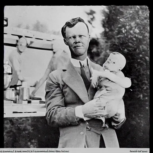 Prompt: Charles Lindbergh trying to keep anyone from finding out he actually ate the baby, 1930s photograph