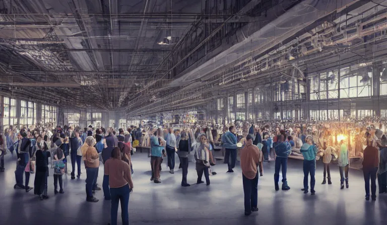 Image similar to large group people in simple warehouse, looking at hologram of futuristic downtown on a table, cinematic concept art, godrays, golden hour, natural sunlight, 4 k, clear details, tabletop model buildings, center model tall buildings, hologram center, crane shot, crane shot, crane shot, clear details, windows