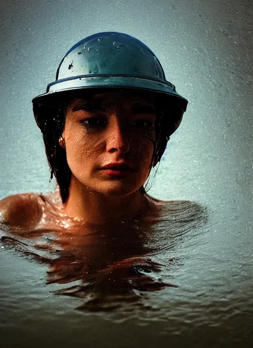 Image similar to extreme closeup portrait of a beautiful woman half submerged in water, horrified look in his eyes, dirt helmet, water reflection, sigma 85mm, highly detailed, soft lighting, elegant,sigma 85mm, Edward Hopper and James Gilleard, Zdzislaw Beksinski, Steven Outram, highly detailed