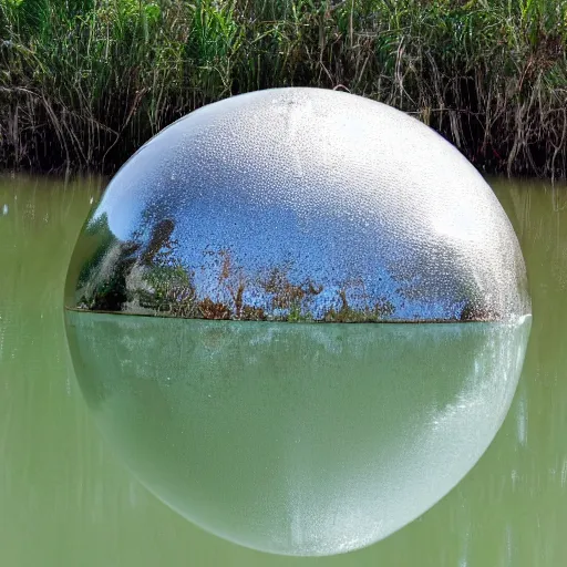 Prompt: a large metallic ball with a mirror finish sits in the florida everglades covered in mud, photorealistic