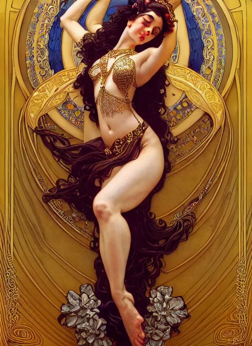 Prompt: amazing, intricate, leyendecker, michael whelan, belly dancing woman with long wavy hair, graceful arms, jeweled costume, jewels, flowers, art nouveau, stephen bliss, unreal engine, by greg rutkowski, loish, ferdinand knab, ilya kuvshinov, rossdraws, tom bagshaw, alphonse mucha, global illumination, radiant light