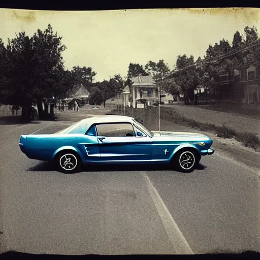 Image similar to “1965 Ford Mustang in a the middle of the street in a wild western town in 1800s, old tintype print”