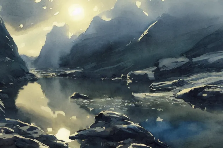 Prompt: watercolor painting of small cold river, reflections, tall mountains and clouds, mythological art by hans gude, ambient lighting and shadows, romance art by hans dahl, by jesper ejsing, art by anders zorn, wonderful masterpiece by greg rutkowski, cinematic light, american romanticism by greg manchess, creation by tyler edlin