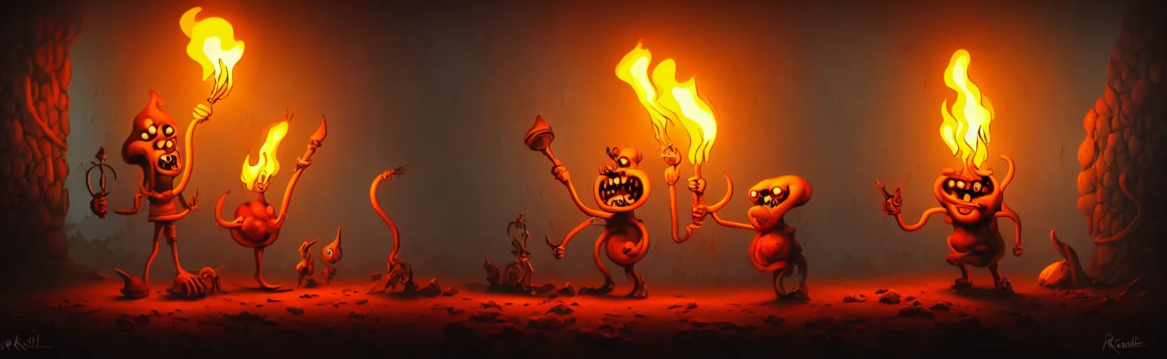 Image similar to wild whimsical mutants from the depths of a wasteland deep in the imaginal realm, dramatic lighting from fiery torches, surreal fleischer cartoon characters, shallow dof, surreal painting by ronny khalil