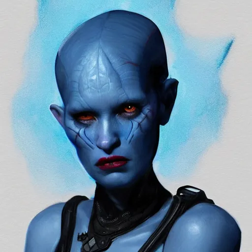 Image similar to portrait of a female Twi'lek by Greg Rutkowski, blue skin, she is about 30 years old, wearing black sith uniform, Star Wars Expanded Universe, highly detailed portrait, digital painting, artstation, concept art, smooth, sharp foccus ilustration, Artstation HQ