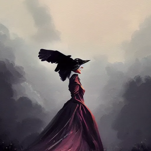 Image similar to morning, a woman in a black dress with a raven head. no face. sun, cinematic, clouds, vogue cover style, contracting colors mood, realistic painting, intricate oil painting, high detail, figurative art, poster art, by simon bisley, ismail inceoglu, wadim kashin, filip hodas. pixar theme.