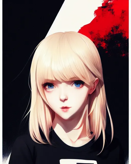 Image similar to really cool up close portrait of a beautiful blonde english emo girl in tshirt, by saruei and guweiz and ilya kuvshinov and rockwell and warhol and range murata!!, magic art, sleek curves, intricate sharp focus, trending on artstation hq, deviantart, pinterest, unreal engine 5, 4 k uhd image