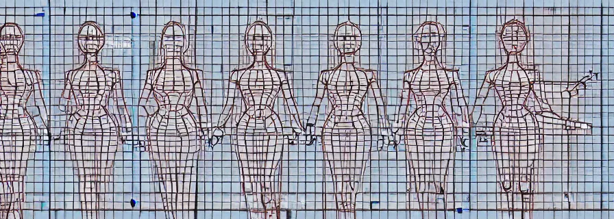 Prompt: pattern of anthropomorphic cute 3 d females accompanying artificial intelligence blueprint, leonard da vinci style