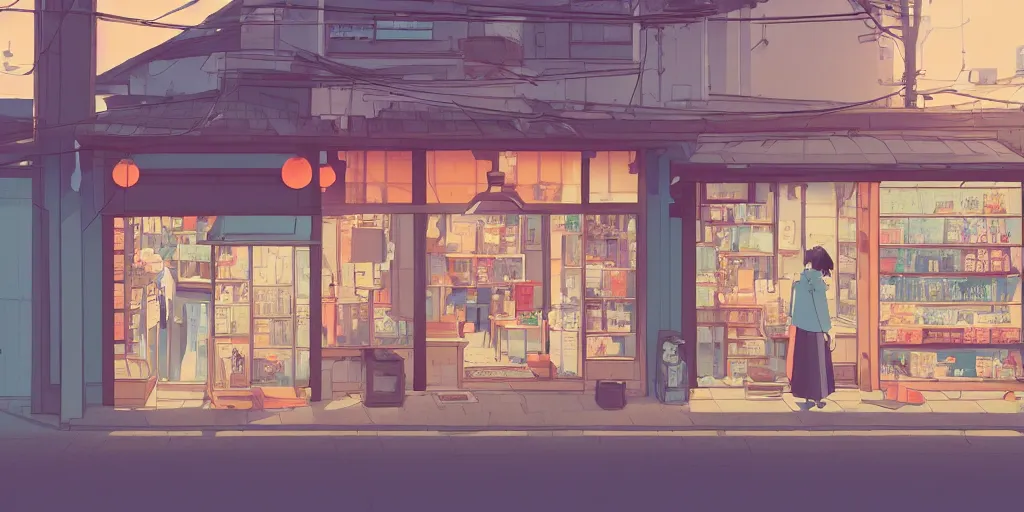 Prompt: beautiful illustration of a small shop window in kyoto on a beautiful sunset, anime manga style, aesthetic, cory loftis, james gilleard, atey ghailan, makoto shinkai, goro fujita, studio ghibli, makoto shinkai, view isometric