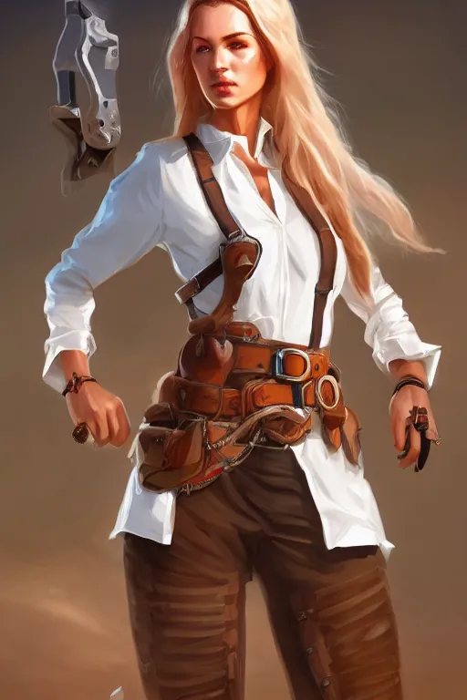 Image similar to full body, female cowgirl, perfect face, white blouse, holster, 8 k, magic the gathering, desert, d & d, artstation, high detail, smooth, sweaty character concepts by senior concept artist