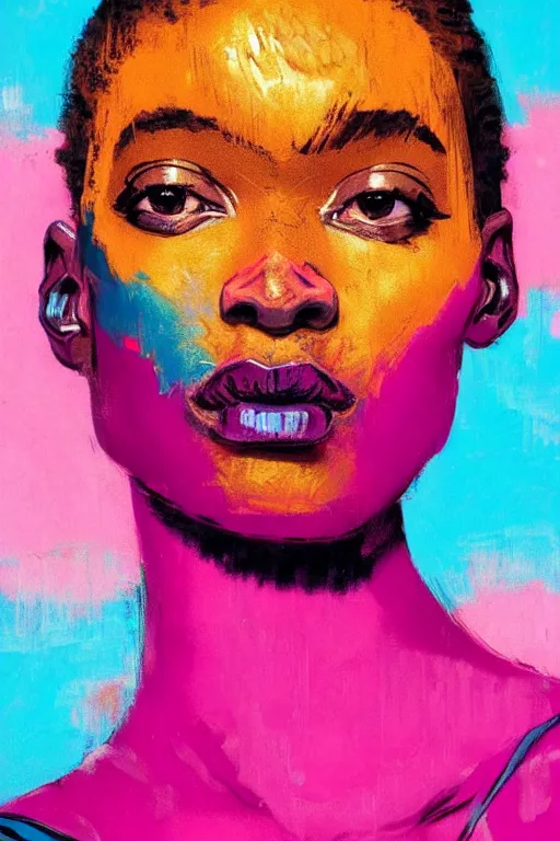 Image similar to portrait of a stylized african young lady, painted in acrylic, pigment textures, in the colors hot pink and cyan, beautiful realistic face, rule of thirds, spotlight, by greg rutkowski, by jeremy mann, by francoise nielly, by van gogh, by ross tran, in focus