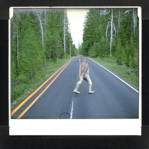 Prompt: a polaroid of Sasquatch crossing a road