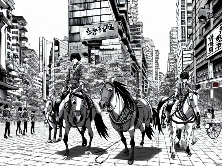 Prompt: Riding horses on the streets in a busy modern city center, in the style of Manga, Eichiro Oda, hyper detailed