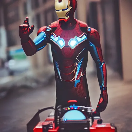 Image similar to a single iron man and spider - man hybrid, dslr, polaroid