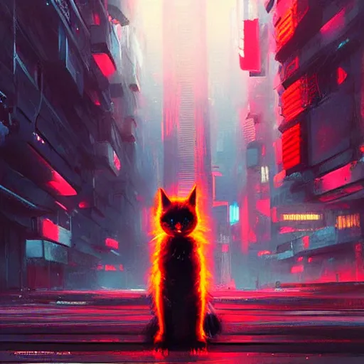 Image similar to cyberpunk orange fluffy cat, red symbol, futuristic, brush strokes, oil painting, city background, greg rutkowski