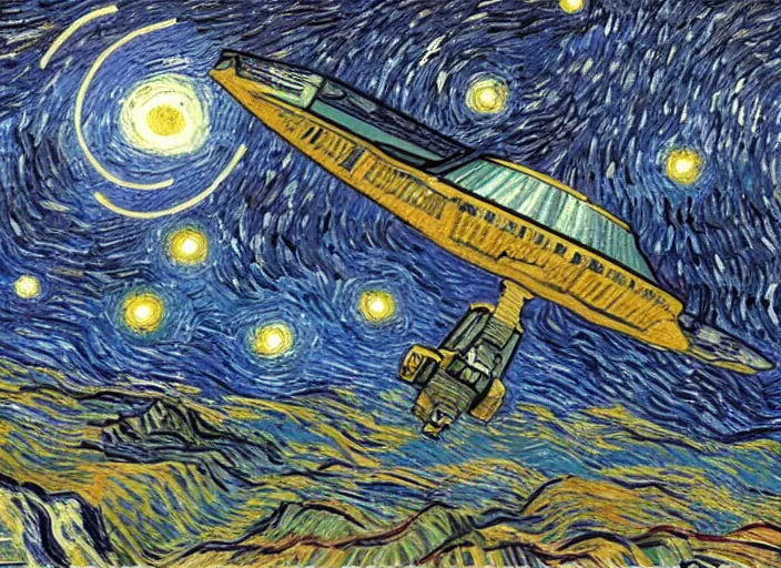 Prompt: a single spaceship taking off seen from the surface of a small town on a desert planet, star wars, digital art, trending on art station, in the art style of vincent van gogh starry night