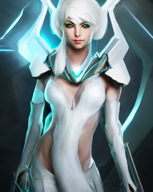 Image similar to perfect white haired attractive egyptian goddess, warframe armor, beautiful, symmetric, dreamy, half asian, pretty face, green eyes, charlize theron, detailed, scifi platform, laboratory, experiment, 4 k, ultra realistic, epic lighting, android body, illuminated, cinematic, masterpiece, art by akihito tsukushi, voidstar