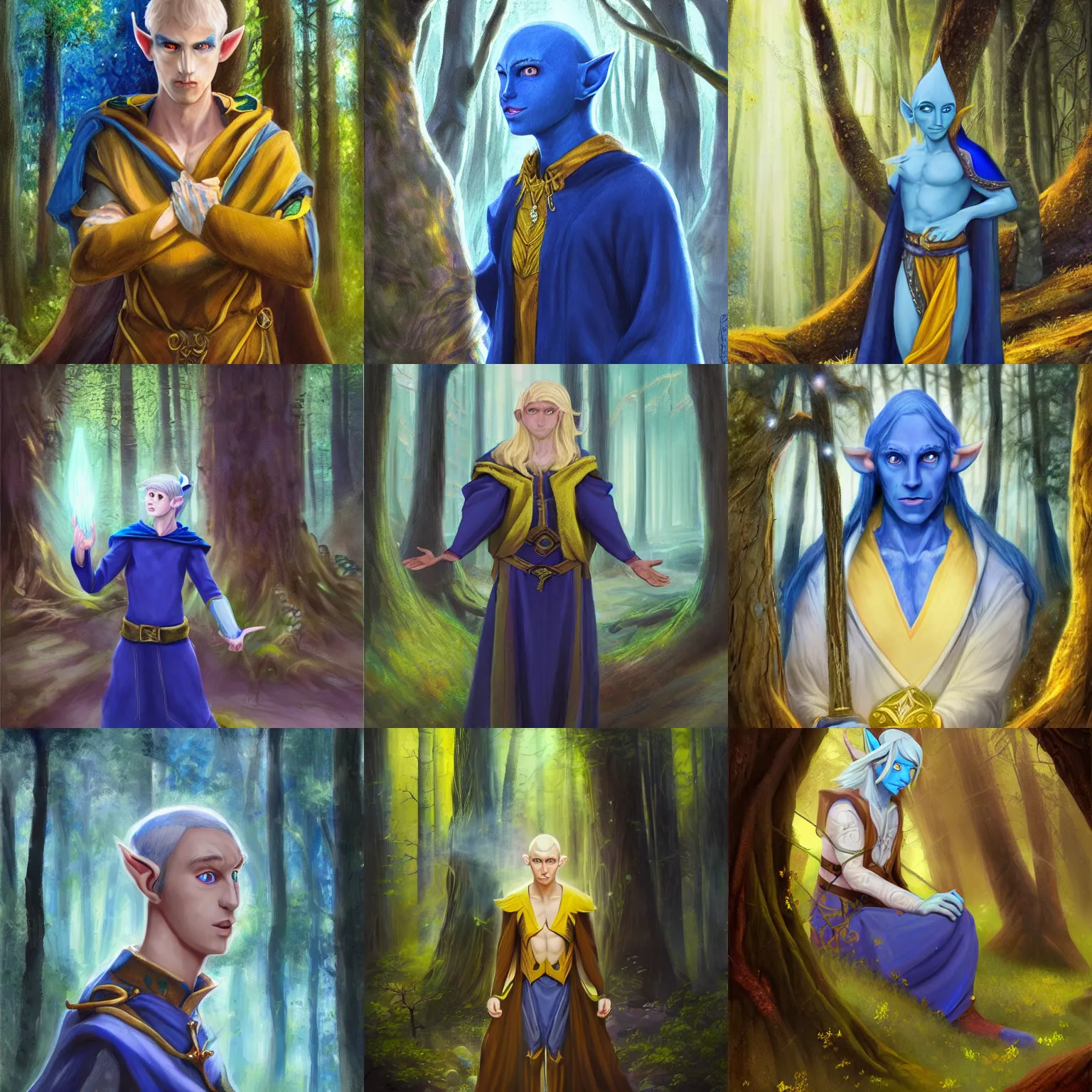 Prompt: A blue skinned male elf with yellow eyes, young noble, scholar, clad in robes, curious, forwards facing, centered, fair, fantasy concept art, beautiful, mystical eyes, magical lighting, mystical, shimmers, nature, oil painting, forest background