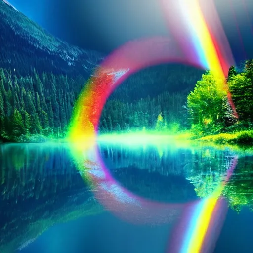 Prompt: rainbow neon sign half circle in water reflected on lake, misty mountains surrounded by beautiful forest, sunny summertime sunlit daylight, hdr, 4 k, award winning photography, volumetric lighting, artstation