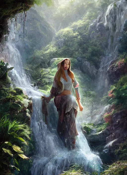 Image similar to a sage in fabrics under a waterfall in a beautiful mountainous area, in style arcane, musician, musical keyboard, hyper detailed, digital art, trending in artstation, cinematic lighting, studio quality, smooth render, unreal engine 5 rendered, octane rendered, art style by joseph christian leyendecker and wlop and krenz cushart