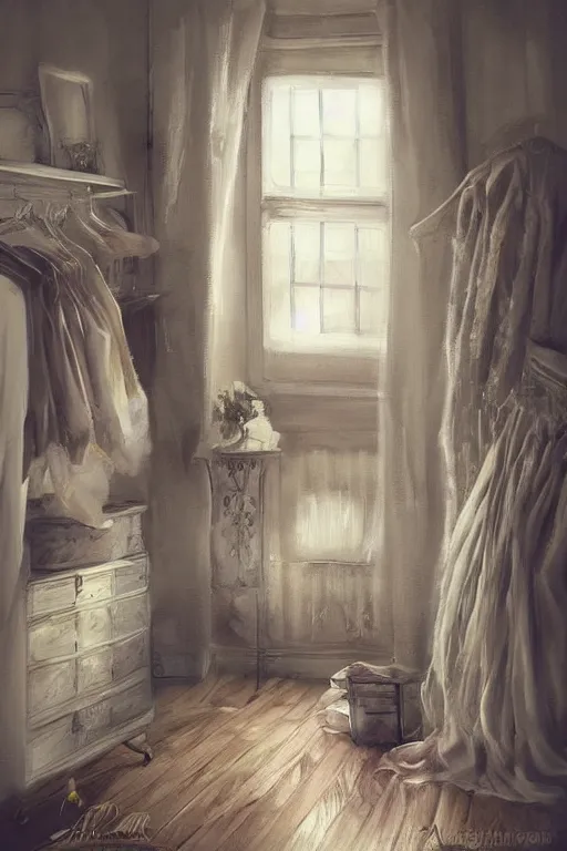 Prompt: shabby chic dressing room, vanilla colored lighting, soft painted room, wood floor, yellow lighting bare room, empty room, studio room, window to night time, warm lighting inside, by artgerm