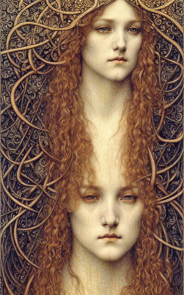 Image similar to detailed realistic beautiful young medieval queen face portrait by jean delville, gustave dore and marco mazzoni, art nouveau, symbolist, visionary, gothic, pre - raphaelite. horizontal symmetry