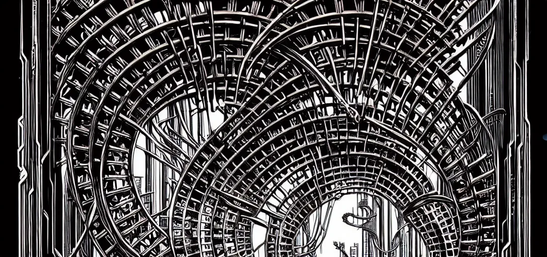 Image similar to a double helix dna cyberpunk steampunk carved archway, high details, lineart, by vincent di fate and joe fenton, inking, screen print, masterpiece, trending on artstation, sharp, high contrast, hyper - detailed, ultrawide, hd, 4 k, 8 k