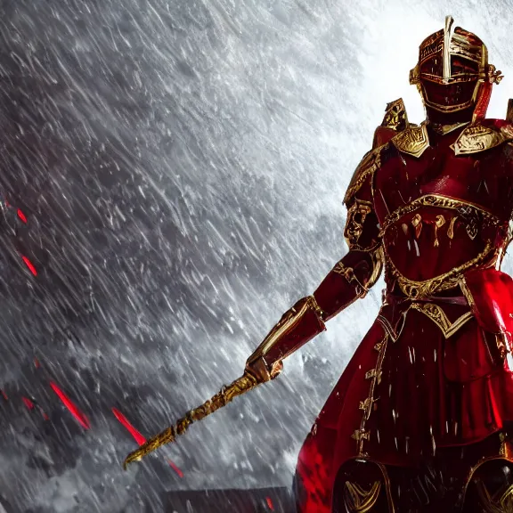 Prompt: magical roman armor, red and black cloths, gold metal highlights, splash art, movie still, cinematic lighting, dramatic, octane render, long lens, shallow depth of field, bokeh, anamorphic lens flare, 8k, hyper detailed, 35mm film grain