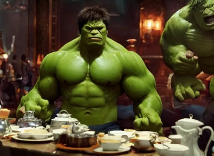 Image similar to film still of hulk having a tea party in the new avengers movie, 4 k