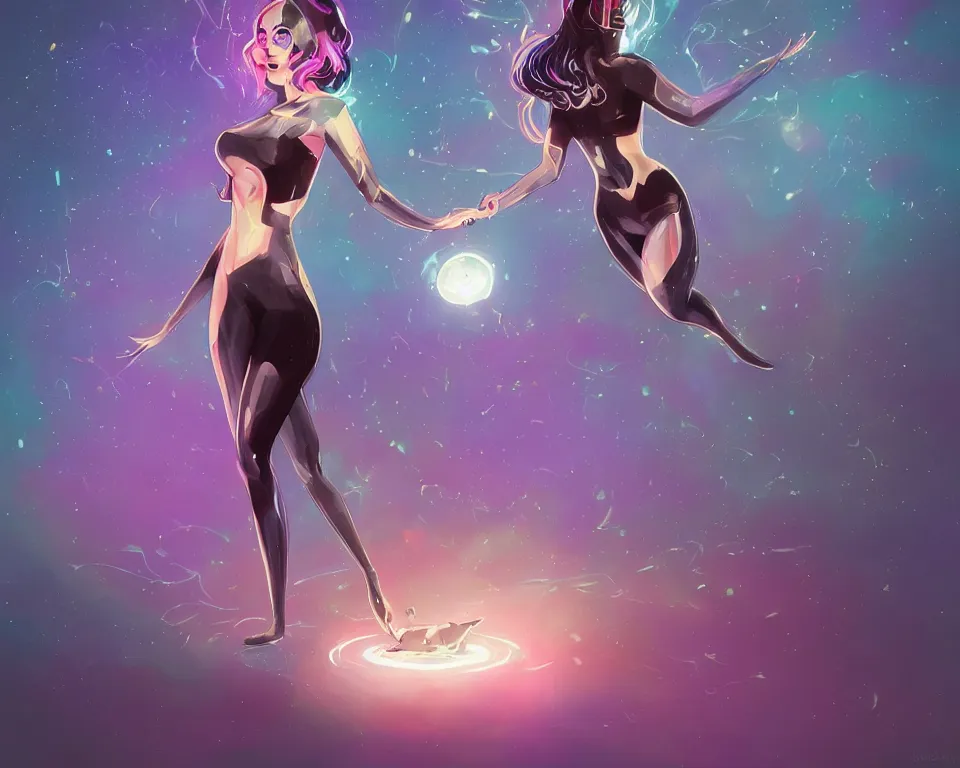 Image similar to beautiful whimsical cat woman standing in a lake in the moonlight, using magic, under a multi-colored binary blackhole with an accretion disc, glowing trails following her arms, wearing professional makeup, acidwave, by Lois van Baarle, by Greg Rutkowski, by artgerm, by beeple, by studio ghibli, cinematic angle, volumetric lighting, 4k resolution, octane render, trending on artstation, masterpiece