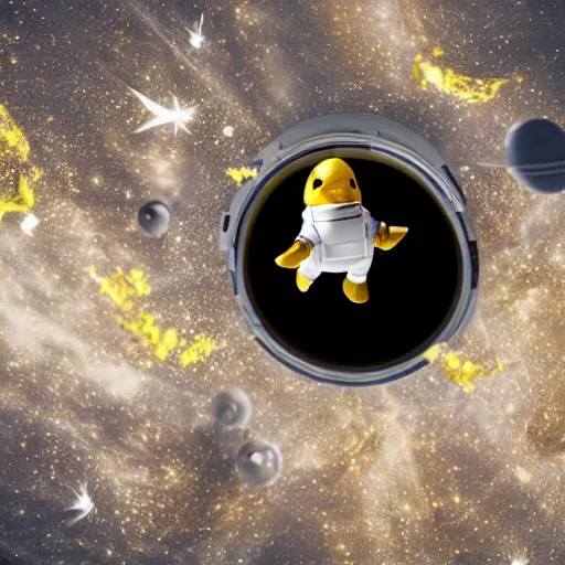 Image similar to A still of a little astronaut duckling floating in space, 4k, photograph, photoreal, realistic, highly detailed, epic lighting, awar winning