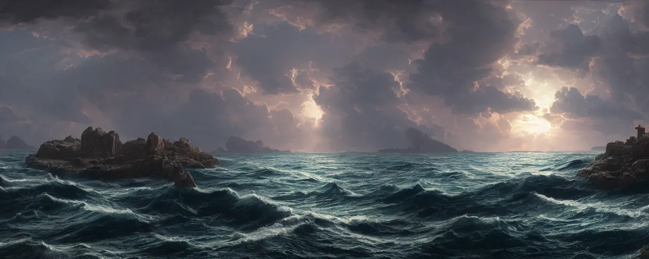 Prompt: Open sea at storm, beautiful dynamic lighting, cinematic, wide angle establishing shot, extremely high detail, photo realistic, cinematic lighting, post processed, concept art, artstation, matte painting, style by frederic church, raphael lacoste, unreal engine 8k