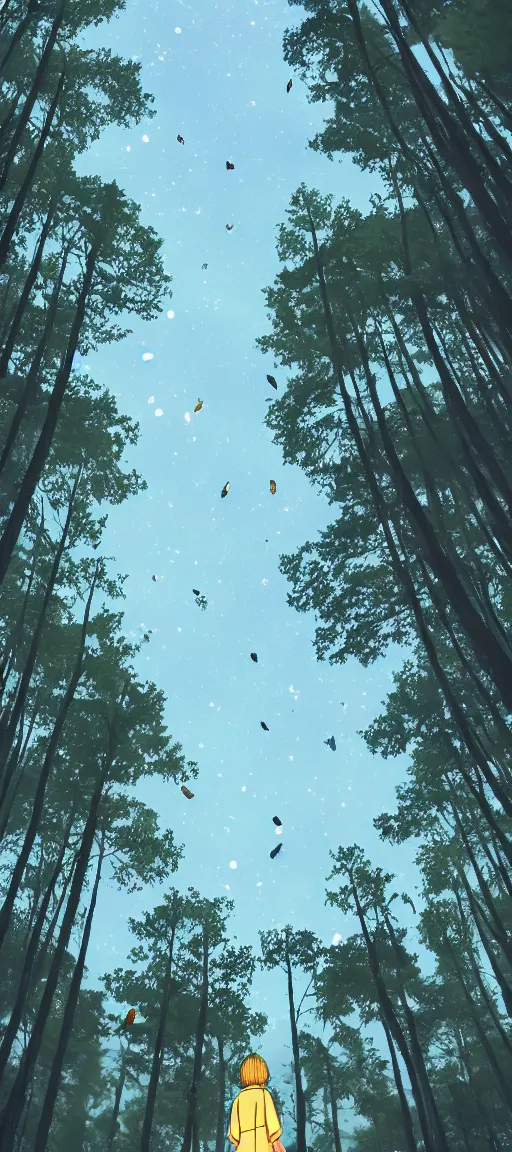 Prompt: vertical panoramic anime still of a character looking up, tall trees, nighttime with fireflies, young character, trending on artstation, digital art