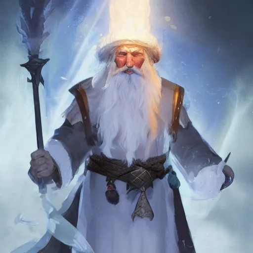 Prompt: a DnD character card of a wizard with a white beard and a blue robe and a wizard hat, hyperdetailed concept art by Ross Tran and Greg Rutkowski, realistic, trending on ArtStation, 8k