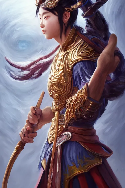 Image similar to a masterpiece portrait of nezha, handsome kid wear holding spear, fantasy character portrait, hyper detailed, digital painting, 8 k realistic, trending on artstation, sharp focus, dof, by ne zha ( 2 0 1 9 ), fenghua zhong, artgerm, ne zha from smite, tsuyoshi nagano, top lighting