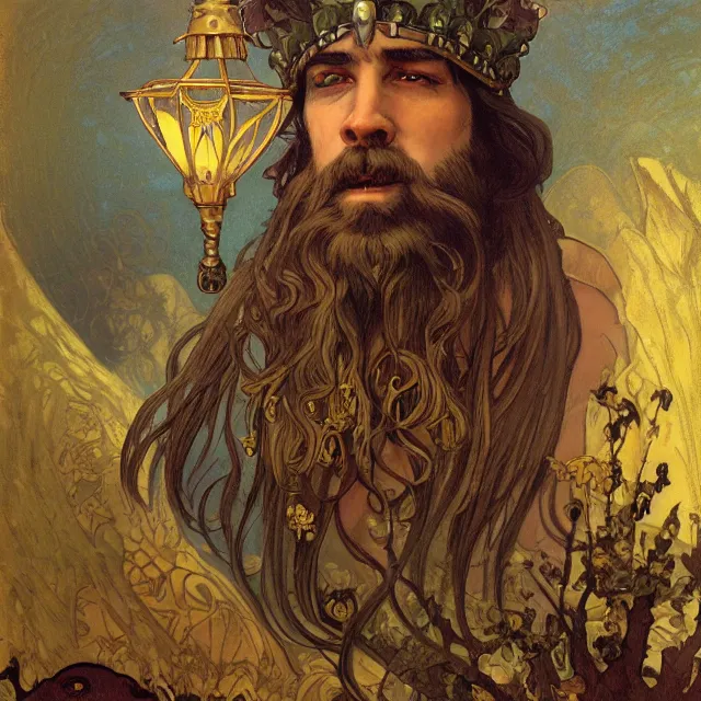 Image similar to an aesthetic! a detailed portrait of a man in a long beard, with a crown, holding a lantern with huge piles of gold in the background, ravens flying overhead by frank frazetta and alphonse mucha, oil on canvas, art nouveau dungeons and dragons fantasy art, hd, god rays, ray tracing, crisp contour lines, huhd