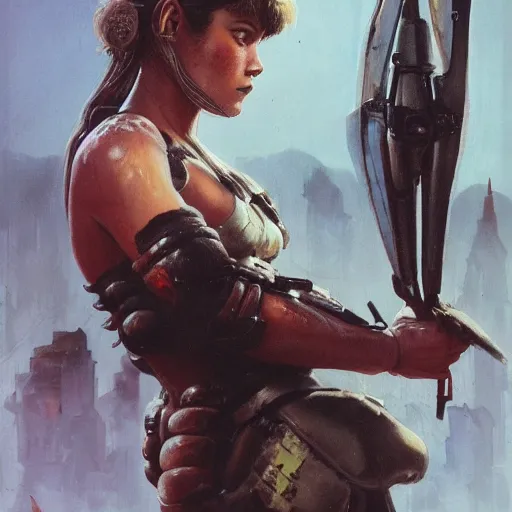 Prompt: A mixed media portrait painting of a very beautiful dwarf warrior girl, sweat, aesthetic symmetrical face and eyes, photorealistic, model, wet, starship-troopers, pacific-rim-mech in background, eighties pinup style, by Frank Frazetta, Boris Vallejo, Beeple, Greg Rutkowski, Christian MacNevin, epic fantasy character art, high fantasy, CGsociety, exquisite detail, post-processing, masterpiece, cinematic