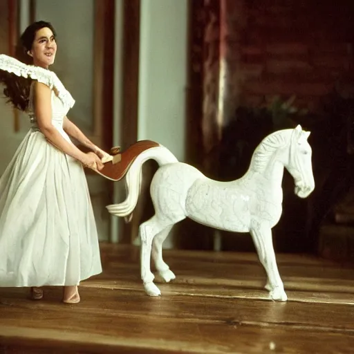 Prompt: 35mm film still of Jennifer Connelly riding a rocking horse, figure portrait